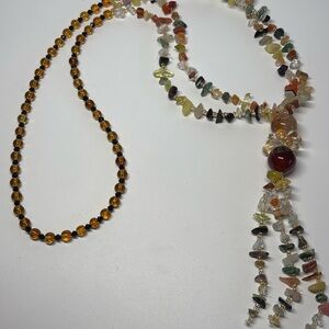 Vintage Mixed Stone Lariat Necklace 58” Long Lee Sands Style Boho Tassel